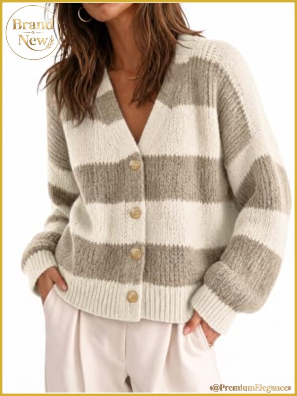 Striped Open Front Cardigan Sweater V Neck Batwing Sleeve Knit